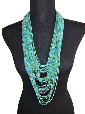 WOMEN'S MULTI-STRAND BLUE, GREEN & LIME GREEN LAYERED BEAD NECKLACE - SIZE OS